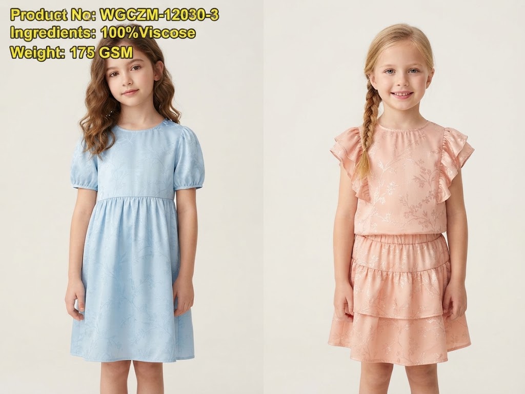 WGCZM-12030-3 viscose woven jacquard fabric application visualization for girlswear dresses and skirt sets