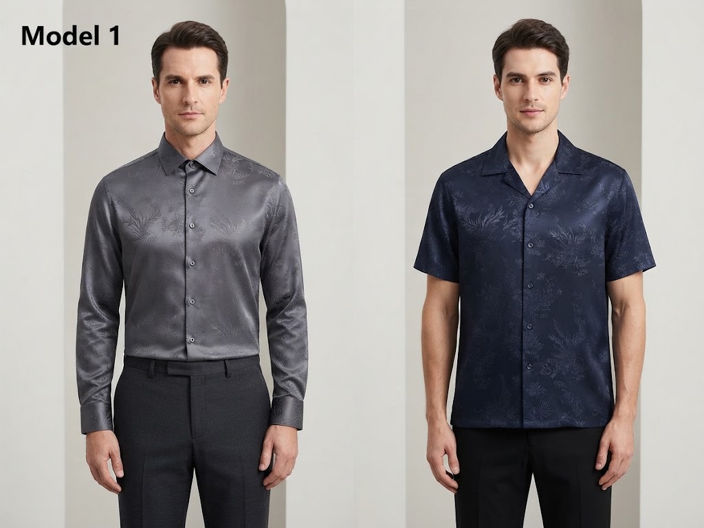 WGCZM-12040-2 viscose rayon woven jacquard fabric application visualization for men's short-sleeve shirts and women's short-sleeve tops