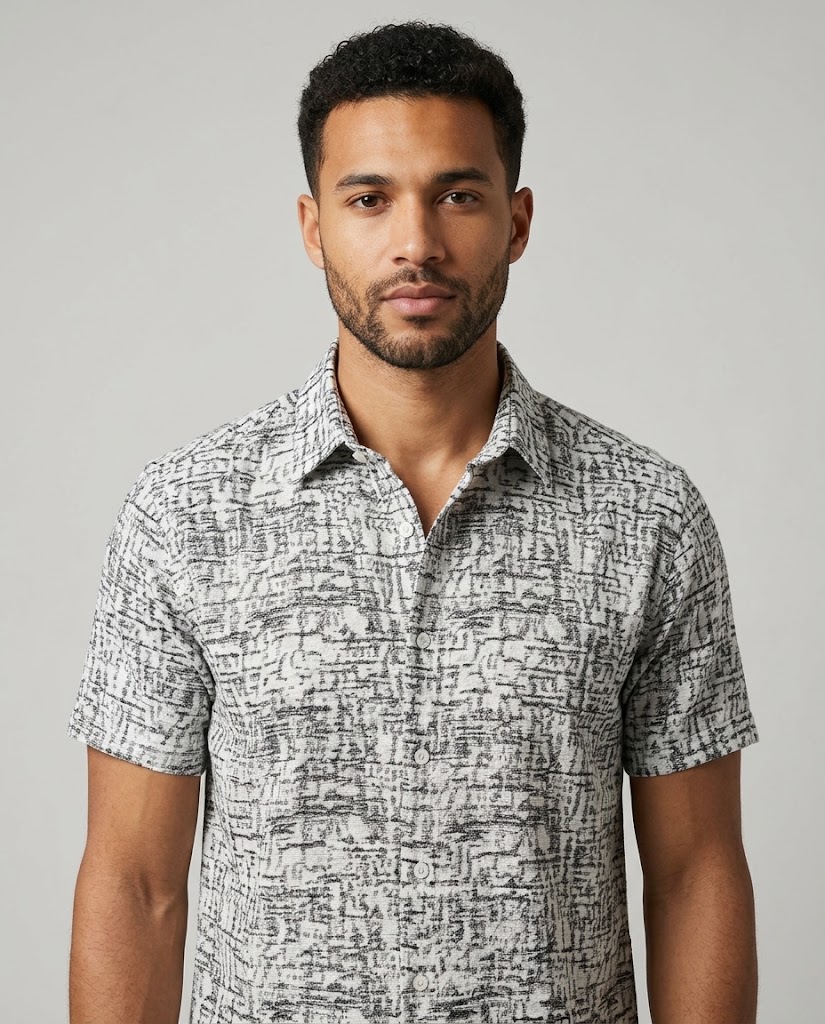 WGCZM-202503 yarn-dyed large jacquard fabric application visualization for men's short-sleeve shirts