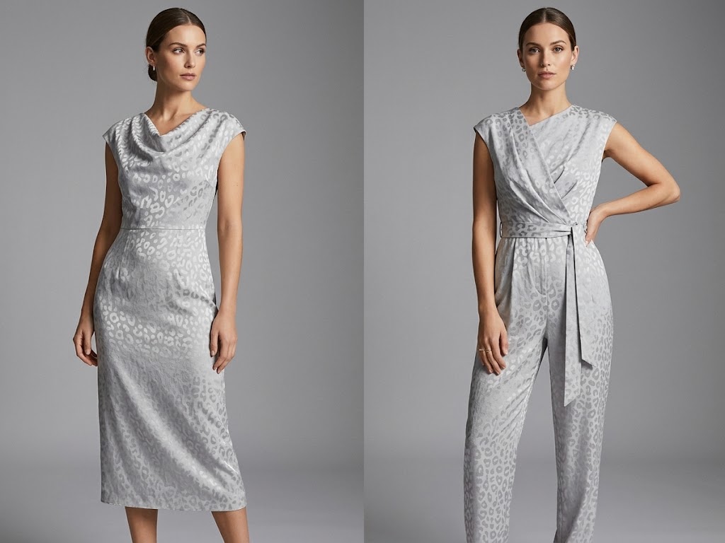 WGCZM-20259 tonal large jacquard fabric application visualization for women's midi dress and jumpsuit