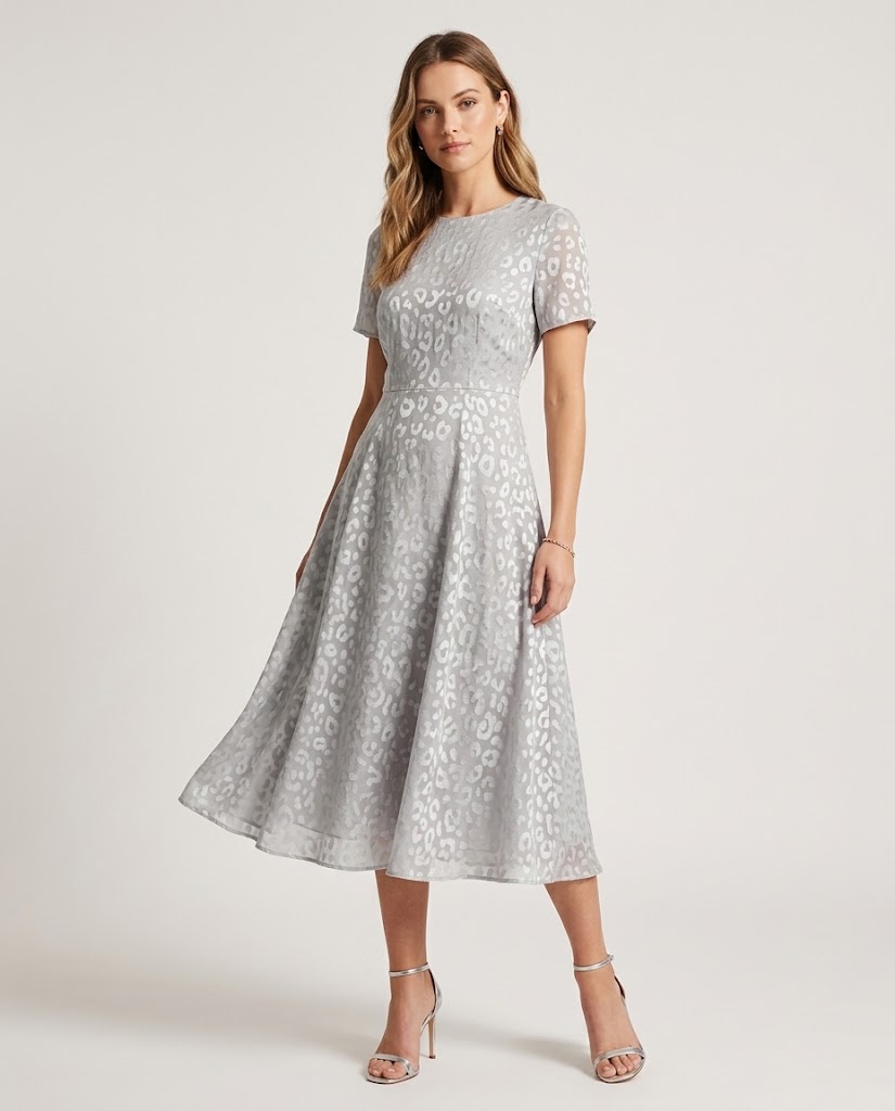 WGCZM-20259 viscose rayon jacquard fabric application visualization for a women's fit-and-flare midi dress