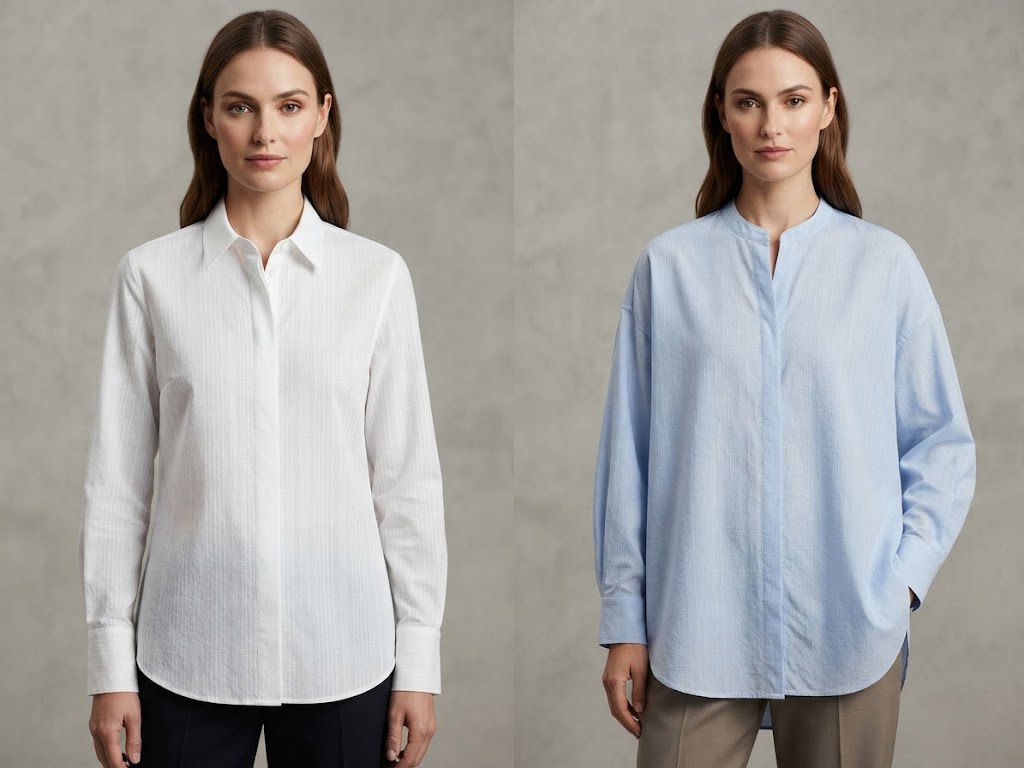 WTH-10249 cotton vertical stripe small jacquard fabric visualized in long-sleeve womenswear shirts