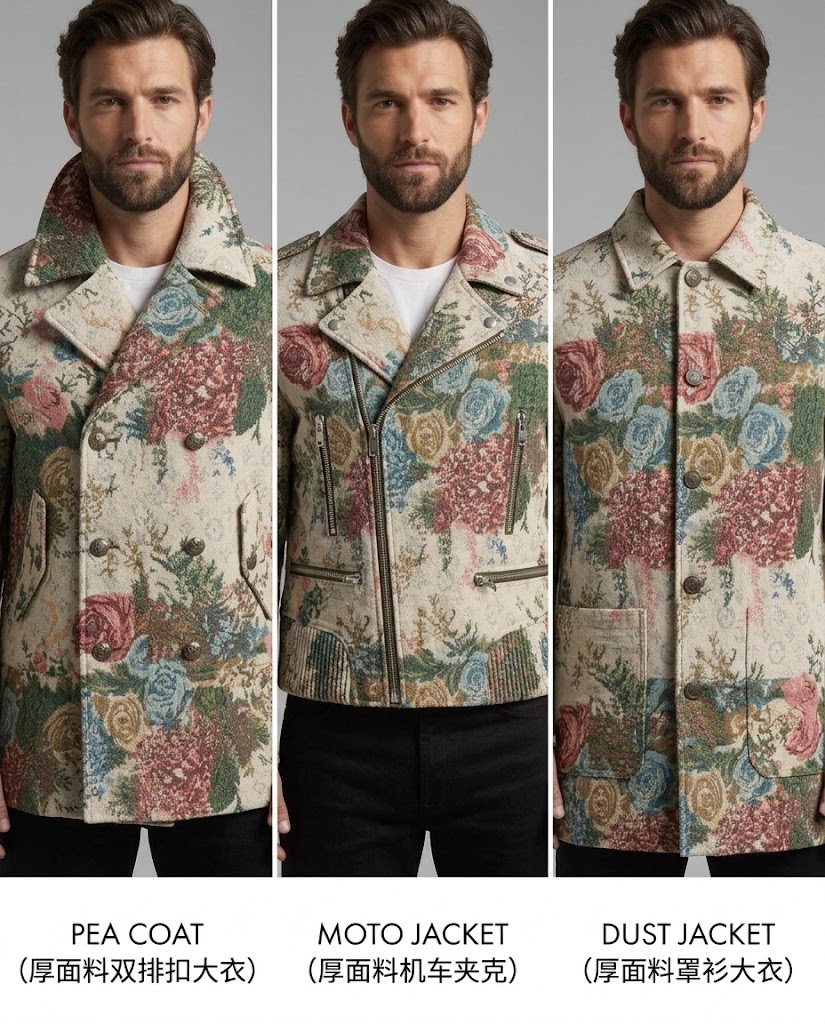 WZC-9Y2401 floral large jacquard fabric application visualization for men's coats and jackets