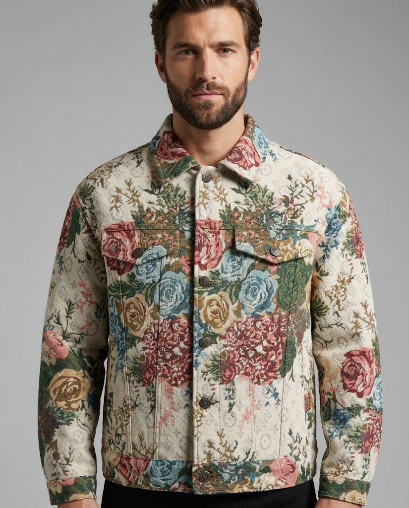 WZC-9Y2401 cotton polyester floral jacquard fabric application visualization for a men's trucker jacket