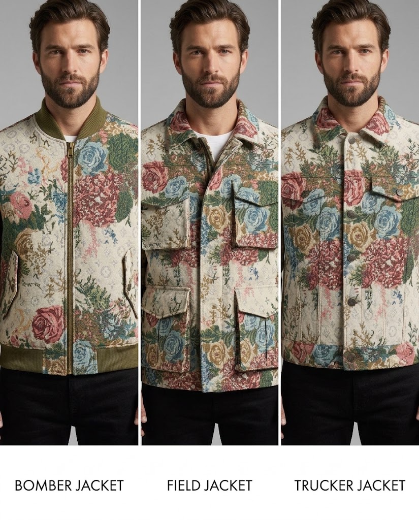 WZC-9Y2401 large woven jacquard fabric application visualization for men's bomber field and trucker jackets