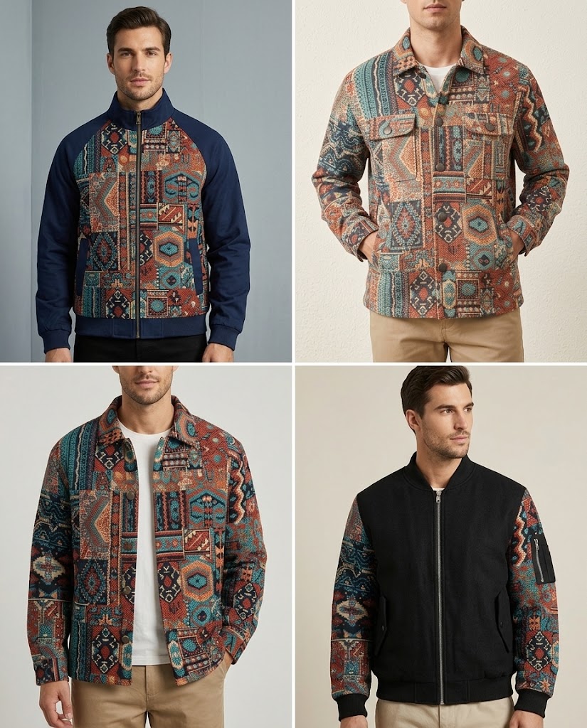 WZC-9Y2406 multicolor large jacquard fabric application visualization for men's jackets and overshirts