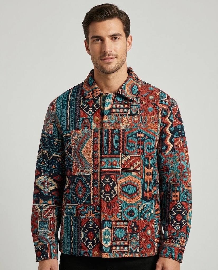 WZC-9Y2406 cotton polyester geometric jacquard fabric application visualization for a men's structured jacket