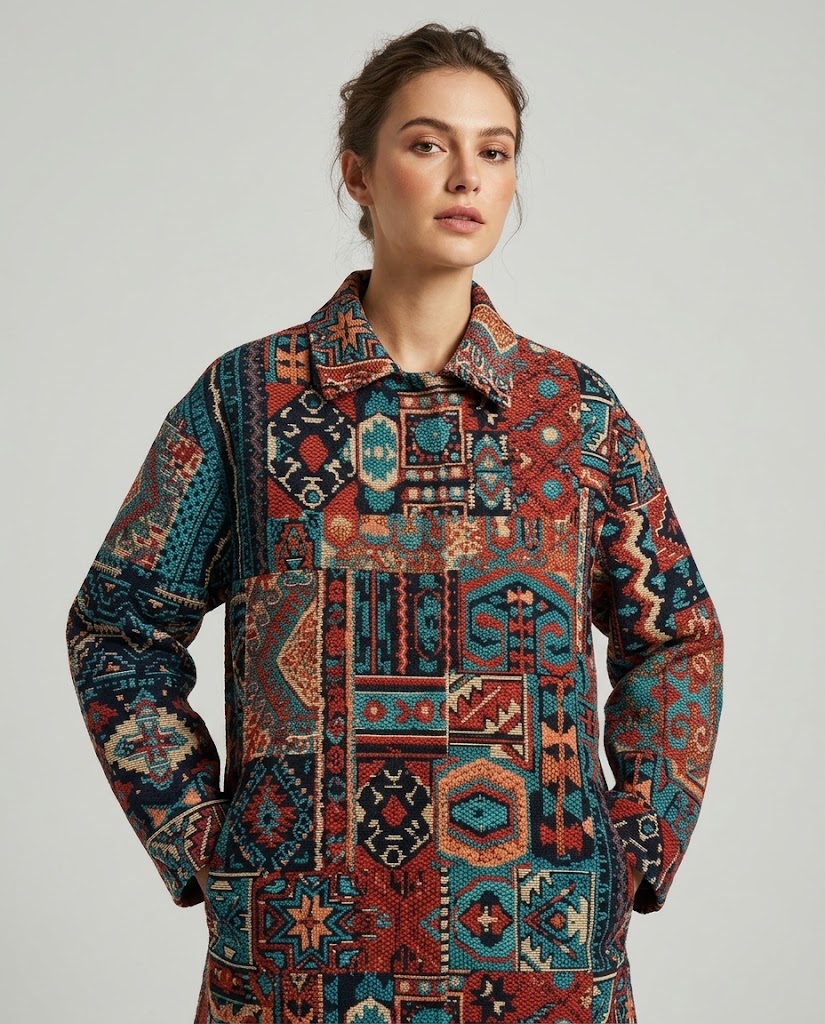 WZC-9Y2406 multicolor woven jacquard fabric application visualization for a women's fashion jacket