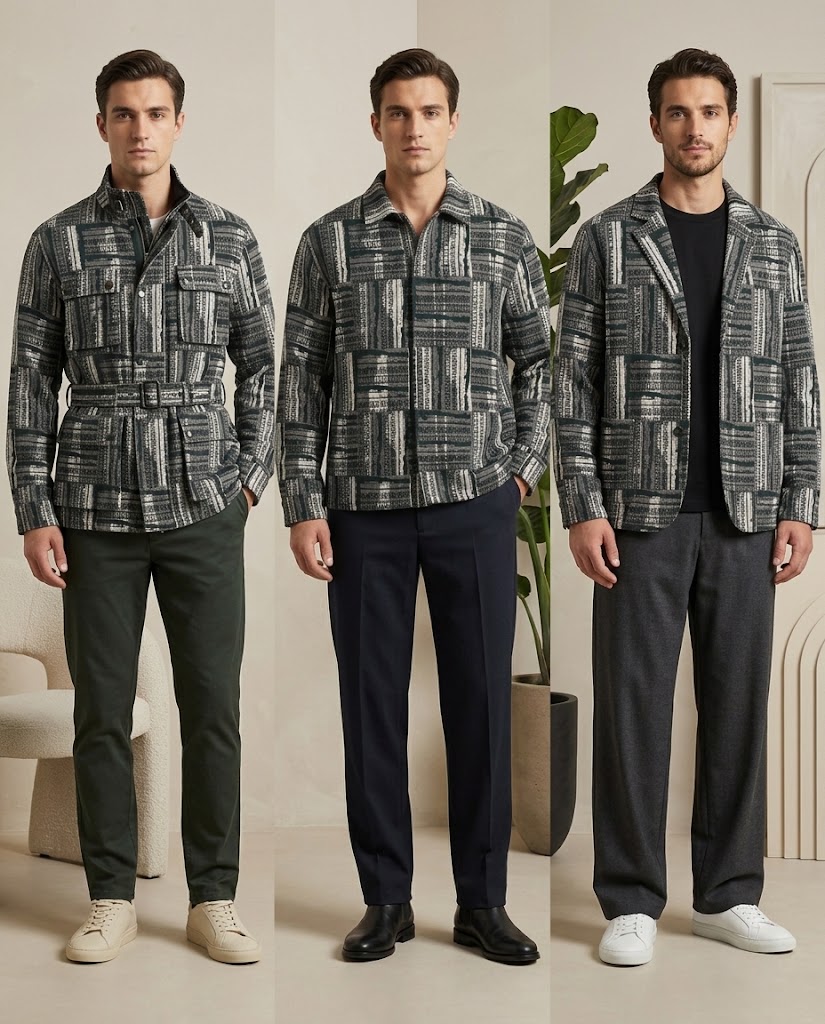 WZC-9YWA0079 large woven jacquard fabric application visualization for men's jackets and overshirts