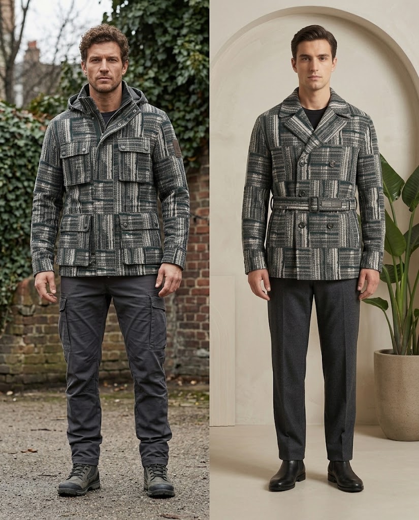 WZC-9YWA0079 cotton polyester jacquard fabric application visualization for men's outerwear jackets
