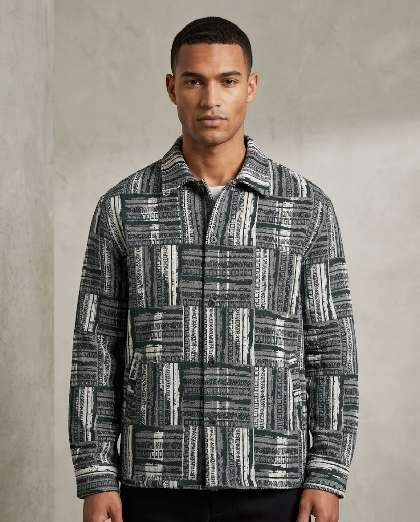 WZC-9YWA0079 large geometric jacquard fabric application visualization for a men's structured overshirt jacket